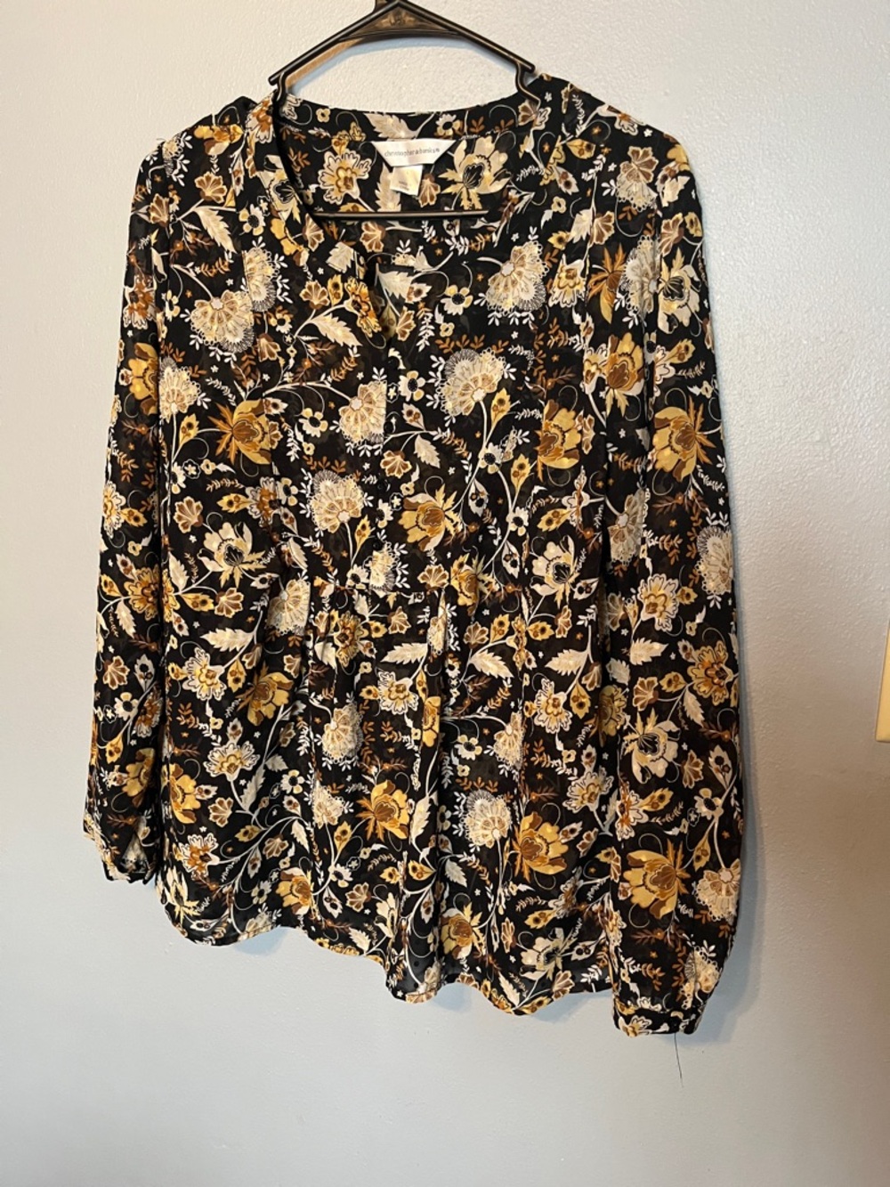 Women’s sheer Black Floral Long-Sleeve Peplum Top - Yellow & Cream Print
